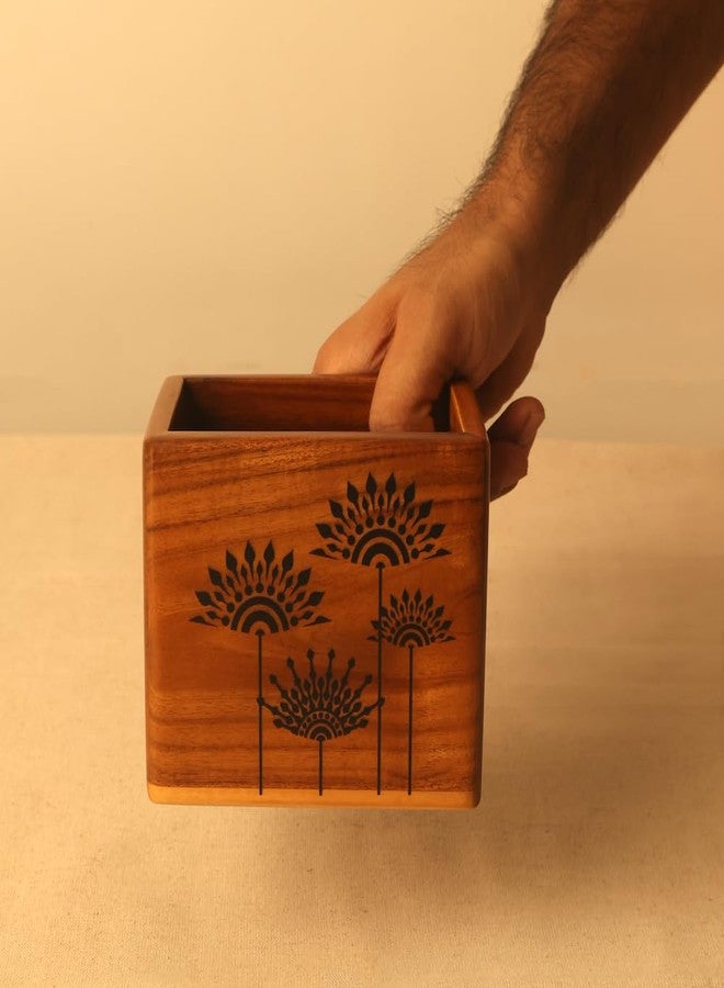 bambaiSe Teak Wood Mandala Art, Floral Design Spoon Holder, Cutlery Holder, Rectangle Shape, Natural Brown, Clear Matte Finish - Image 3